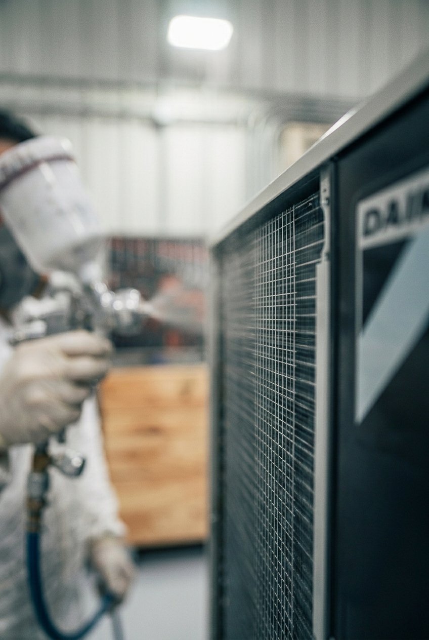 Applying anti-corrosion spray coating to a Daikin condenser unit